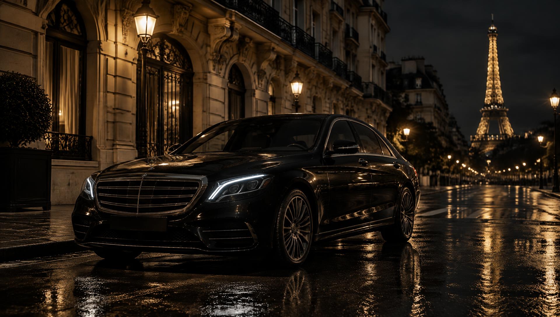 Berline noire de prestige sur une avenue parisienne de nuit
